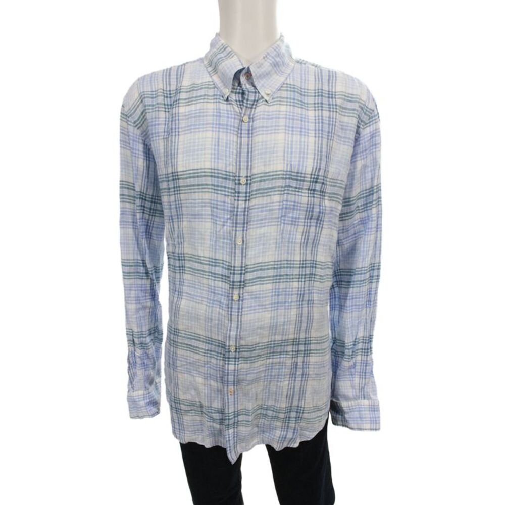 J. Mclaughlin Mens Linen Collar Plaid Long Sleeve Button Down Shirt Blue Size L
